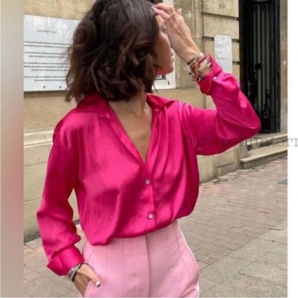 Zara Hot Pink Satin V Neck Long Sleeve Button Front French Cuff Shirt Women XS - Picture 2 of 15